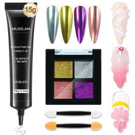 MUSILAN 3D Nail Gel and 4 Color Chrome Nail Powder Kit,15g No Wipe Clear Sculpting Gel for Nail Art 3D Molding Sculpting and Metallic Chrome Powder Set for Nail Art Decoration Home Manicure DIY