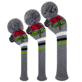 Scott Edward Golf Club Cover with a Pom Pom Set of 3 Fits Well Driver(460cc) Fairway Wood and Hybrid(UT) with Rotating Club Number Tags for Male/Female Golfers (Grey Red Rose)