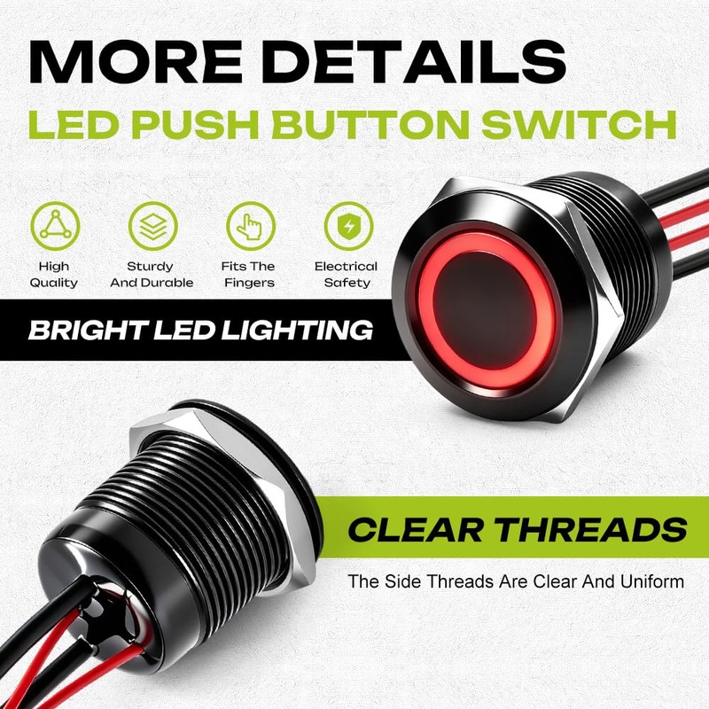 FILN 3Pcs 19mm Latching LED Push Button Switch IP67 20A