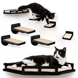 INICIO Cat Wall Shelves - Modern and Durable 3 Step Cat Furniture for Wall - Stylish Birch Floating Shelf for Cats up to 15lbs - Wooden Corner Shelves with Cushioned Perch - Black