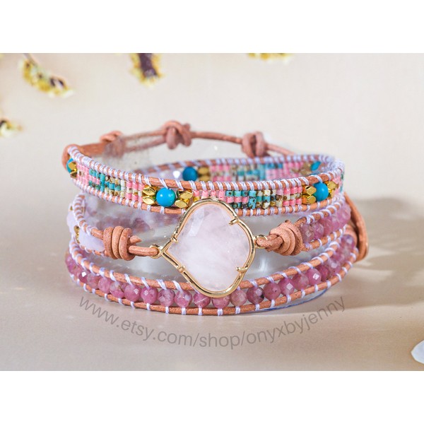 Rose Quartz Crystal Bracelet for Women, Pink Gemstone Beaded Bracelet for Her, Healing Anxiety Relief Bracelet, Gift for Her