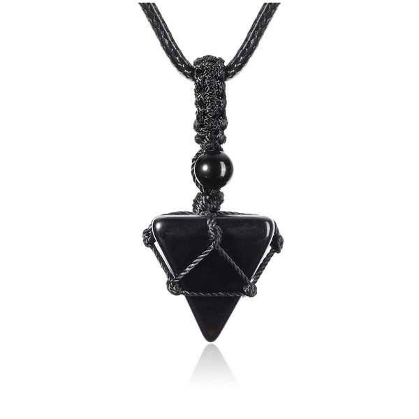 Jovivi Healing Crystal Necklace Natural Black Obsidian Pyramid Gemstone Stone Pendant Necklaces Adjustable Rope Reiki Quartz Jewelry for Men Protection