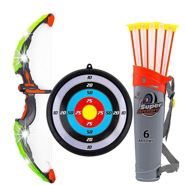 Toysery Bow and Arrow for Kids with LED Flash Lights - Archery Bow with 6 Suction Cups Arrows, Target, and Quiver, Practice Outdoor Toys for Children Above 3-12 Years Old