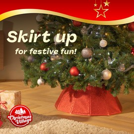 Christmas Village Glossy Red Collapsible Tree Skirt 68cm – Durable Polyester, Easy Assembly and Storage with Velcro Connection