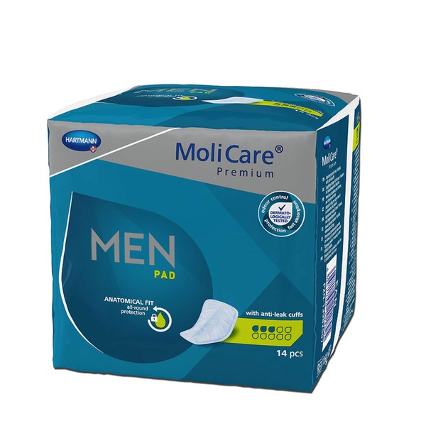 MoliCare Premium MEN PAD, Incontinence Pad for Men for Bladder Weakness, V-Shaped Fit, 3 Drops, 1 x 14 Pieces