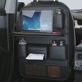 GuangMaii Car Backseat Organizers and Storage, PU Leather Car Seat Back Protector with Foldable Table Tray and Touch Screen Phone Holder, Suitable for Most Vehicles (Black)