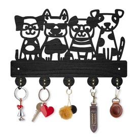 INFUNLY Dog Black Wooden Key Holder for Wall 7.9"×11.8" Dog Theme Key Holder Wall Mount Pet Key Holder Rack with 5 Hooks Key Organizer Rack Hanger for Home Entryway Bags Umbrella Wallet Pet Lovers