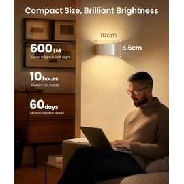 FULEN Motion Sensor Wall Light with Remote Control 3 Colors Wireless Wall Sconces LED Indoor Up and Down Wall Lamp 5000mAh Rechargeable Battery Powered Wall Lamps Brightness Adjustable, White 2 Pack