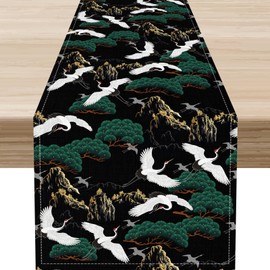Camino de mesa japonés, flor de cerezo, árbol de pino asiático, grúa, pájaros, anime, naturaleza, clásico, asiático, oriental, chino, elegante, centro de mesa, decoración para el hogar, cocina,