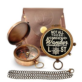 ANTIQUANA Brass Compass Unique Print 'Not All Those Who Wander are Lost' Engraved Compass with Leather Case and Chain A Great Gift Item for Your Loved One