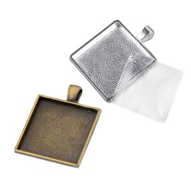 Supvox 20 Sets Pendant Trays Metal Square Shape Cabochon Bases Bezel Blanks Trays Charm Tray with Glass Cabochon for DIY Crafts Photo Jewellery Making Bronze and Silver