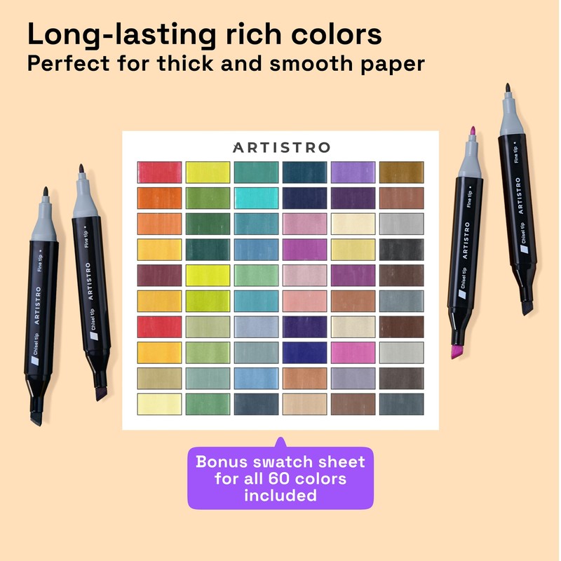 ARTISTRO 60 Dual-Tip Alcohol Markers - Alcohol-Based Pens Set, Chisel