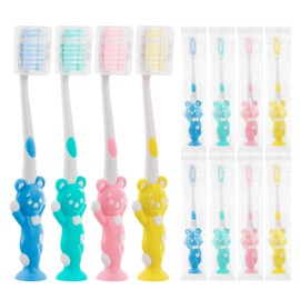 Toothbrushes for Kids In Bulk, Individually Wrapped Disposable Toothbrush Cute Manual Soft Bristles Children Toothbrush With Cover Suction Cup Toddler Toiletries Set for Home/School/Travel (8 Pack)