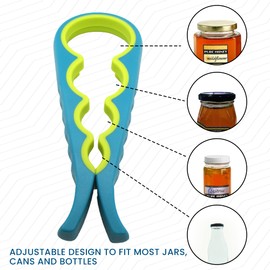 Gadgetime USA 4 in 1 Jar and Bottle Opener - Non-slip, Kitchen tool - Easy to Use Multifunctional for Weak Hands Seniors, or Arthritis - Blue