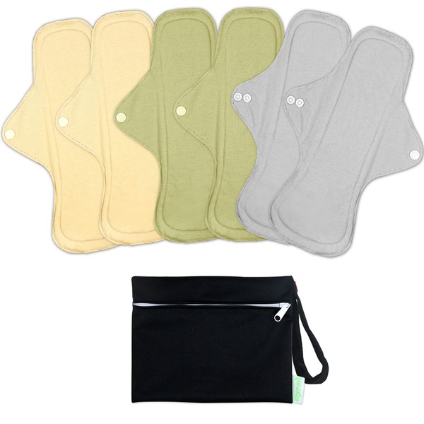 wegreeco 6 Pcs Reusable Menstrual Pads, Ultra Absorbent Bamboo Fleece Cloth Pads for Period, Sanitary Pads for Teens, Women, Nonslip Panty Liners + 1 Pc Wet Bag (Mustard Yellow, Grey, Beige, M)