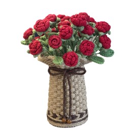 THREEBOY Crochet Red Roses Artificial Flowers Bouquet with Knitted Flower Vase Mothers Day Valentines Gifts Office Desk Decor
