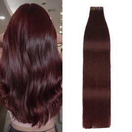 Aison Tape in Brazilian Human Hair Extensions Remy Human Hair Glue in Hair Extensions Balayage Seamless Silky Straight Skin Weft 100% Natural Hair(18Inch #99j Red Plum 20pcs 40g)