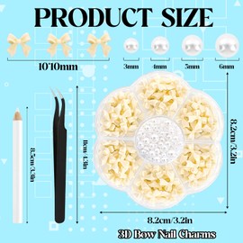 NACHLYNN 630 Pcs Bow Nail Charms Bowknot 3D Cute Nail Charms Flat Back Pearl White Flatback Pearl Beads for Nail DIY Art Crafts Resin Rhinestones Jewelry Decoration Accessories (Beige)
