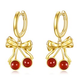 POPLYKE Bow Ribbon Hoop Earrings 14K Gold Plated Red Carnelian Cherry Fruit Earring Dangle Drop Earring Creative Cute Gifts for Women