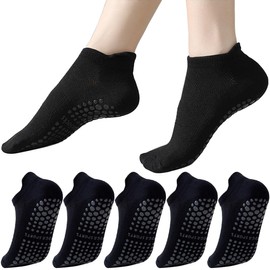 PUJANE 5 Pairs Grip Pilates Socks for Women, Non Slip Yoga Athletic Ankle Grippy Socks for Barre Ballet Gym Workout (Black)