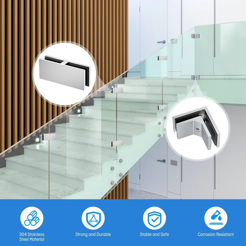 Ranbo 4 Pack 180° Brushed Glass-to-Glass Railing Clamps, Double-Sided 304