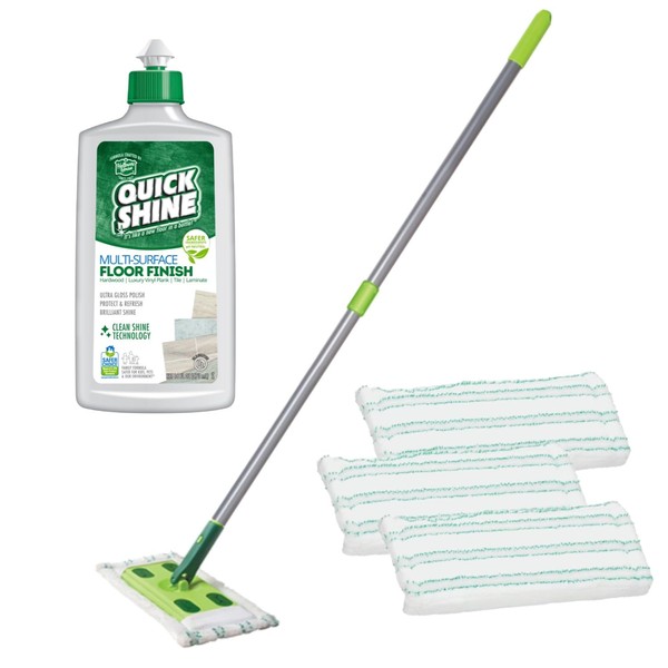 Quick Shine Sustainable Hard Surface Floor Mop Kit with 3 Reusable Pads & 1 Safer Choice Floor Finish Cleaner 16oz | Use Wet + Dry | Squirt, Spread, Done | Hardwood, Luxury Vinyl Plank, Laminate