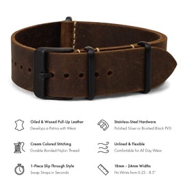 Benchmark Basics Leather Watch Band - Crazy Horse Oiled Leather One-Piece Watch Straps for Men & Women - Choice of Color & Width - 18mm, 20mm, 22mm or 24mm (18mm, Dark Brown PVD)
