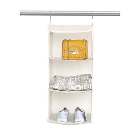 BrilliantJo Hanging Shelf, 3 Compartments Hanging Organiser with Metal Hooks, Closet Organiser Storage System for Wardrobes Camping, 30 x 30 x 60 cm, Beige
