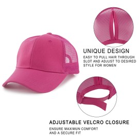 Muryobao Womens Ponytail Baseball Cap Messy High Bun Ponycap Adjustable Snapback Summer Sun Hat Plain Trucker Dad Hat Mesh Rose Red