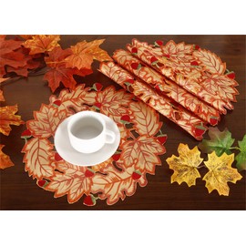 GRANDDECO - Juego de 4 manteles individuales redondos de Acción de Gracias con hojas de arce bordadas, decoración de mesa de cosecha otoñal para fiesta de Acción de Gracias, cena y uso diario de 35,5 cm