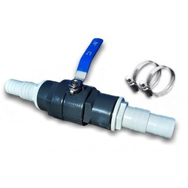 TS-TRADES Maintenance Tap Solid Design PVC with Stainless Steel Handle and 2 x Stainless Steel Hose Clamps for Hose Diameter 32 / 38 mm - Pool Shut-off Valve Ball Valve