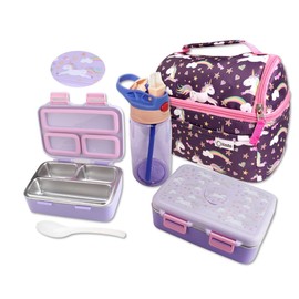 Unicorn Stainless Steel Bento Lunch Box for Toddler Girls, Insulated Lunch Bag Water Bottle Set for Kids. Snack Container for Small Children, Baby Girl, Toddlers Daycare Pre-School Lunches Purple