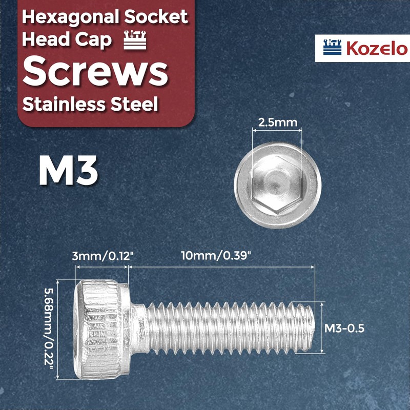 Kozelo 100pcs Cap Bolts Hex Socket Bolts [M3-0.5 x 10mm]