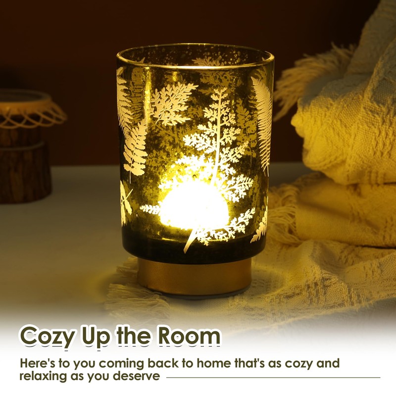 Eywamage Battery Operated Glass Table Lamp, Boho Green Ferns Leaves