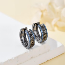 Viking Mens Hoop Earrings 925 Sterling Silver with Gemstone Celtic Knot Black Hoop Earrings for Men Him