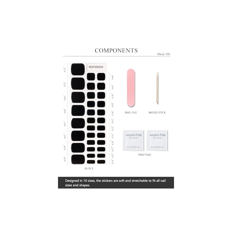 AutyaMee Semi Cured Gel Toenail Strips (Black T06), 32 Pcs