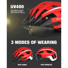 Victgoal Bike Helmet, MTB Mountain Bike Helmet with Magnetic Visor, Removable Sun Visor Cap and LED Rear Light, Cycling Helmet Racing Bike Helmet for Adults Men’s / Women’s (XL: 59 - 63 cm – Red)