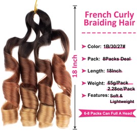 Unionbeauty 18 Inch French Curly Braiding Hair 8 Pack Pre Stretched Braiding Hair EZ Braids Crochet Hair for Box Braids Synthetic Bouncy Loose Curly Braiding Hair Extensions for Black Women 1B/30/27#