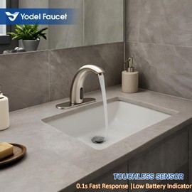 Yodel Faucet Touchless Bathroom Sink Faucet - Automatic Motion Sensor Restroom Toilet Faucet - Battery Operated for Commercial Lavatory, Brushed Nickel