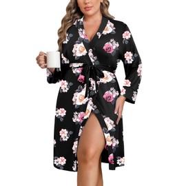 Ekouaer Women Plus Size Robe Knee Length Lightweight Bathrobe Short Kimono Robes with Pockets Maternity Robe Black Floral 1X