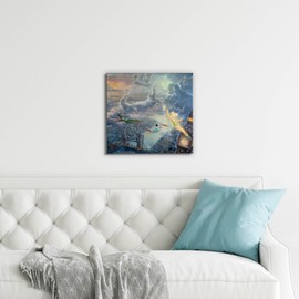 Thomas Kinkade Disney Tinker Bell and Peter Pan Fly to Neverland 14" x 14" Gallery Wrapped Canvas | Frameless Room Wall Art | Certificate of Authenticity Included
