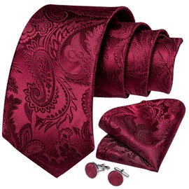 DiBanGu Extra Long Red Ties for Men Big and Tall,Silk Woven Burgundy Paisley Necktie & Pocket Square Cufflinks Set Wedding Party