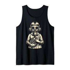 Creepy Girl Wearing Gas Mask and Holding a Cat Skeleton Tank Top