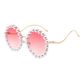 Women's Round Sunglasses Oversized Gold Metal Frame With Pearls UV400 Pink Lens
