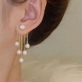 Cybche Boho Pearl Tassel Chain Earrings Pearl Ear Jacket Earrings Gold Long Pearl Chain Drop Earrings CZ Pearl Dangle Earrings Pearl Wedding Earrings Jewelry for Women Girls