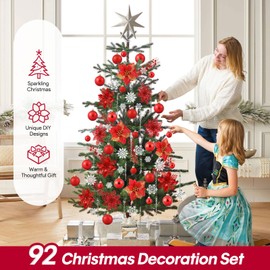 92pcs Set of Christmas Ball Ornaments, Crystal Hanging Snowflake Drop, Xmas Glitter Poinsettia Flowers, Artificial Stems for Christmas Tree Decoration Holiday Wedding Home Party Decor (Red)