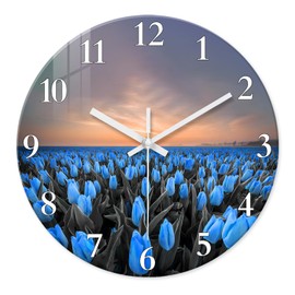 XFM Large Blue Wall Clock 16 Inch Silent Wall Clocks Battery Operated Tulip Flowers Round Analog Clock for Kitchen Bedroom Living Room Decor