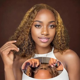 Ablvari Glueless Bob Wigs Human Hair 5x5 Water Wave Closure Bob Wig Human Hair 4/27 Ombre Highlight Wear and Go Glueless Wig Pre Plucked Pre Cut Wig Human Hair Natural Hairline 180% Density （14inch）