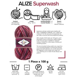 Sock Yarn by Alize 100 g, 420m Superwash Comfort Sock Wool 4ply 75% SW Wool - 25% Polyamide Hand Knitting Yarn Multicoloured (7709)