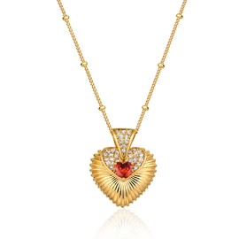 Fettero Gold Heart Neckalce for Women 14K Gold Plated Heart Pendant Choker Necklace Cubic Zirconia Heart Necklace | Gold Love Necklace for Women Dainty Gold Necklace Gifts for Her -Red Stone